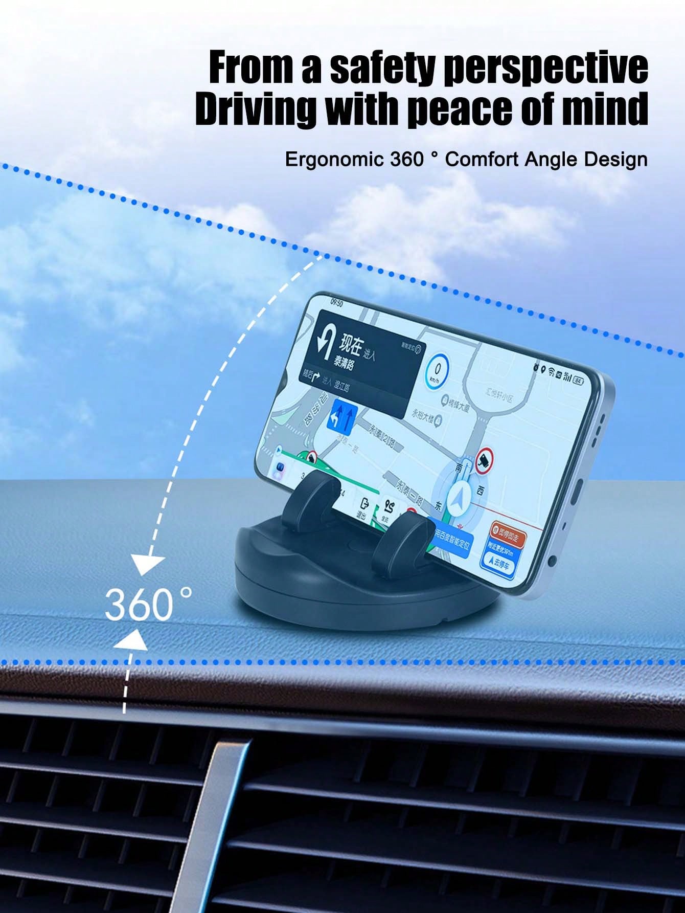 English: 2-In-1 Car Phone Holder With Parking Number, 360° Rotatable Dashboard Adhesive Mount, Extendable Clip For Thick Cases, Universal Navigation Bracket, ABS Silicone Car Accessory