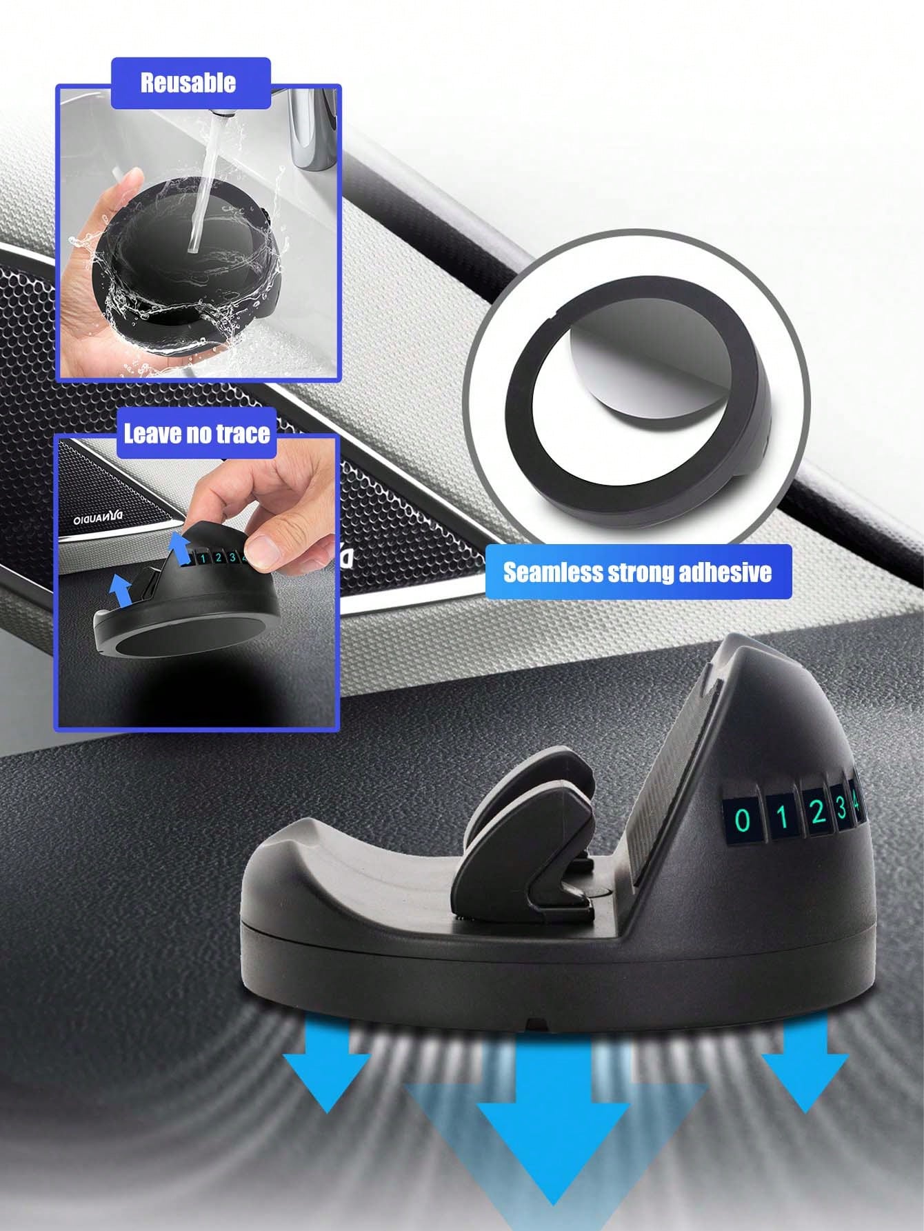 English: 2-In-1 Car Phone Holder With Parking Number, 360° Rotatable Dashboard Adhesive Mount, Extendable Clip For Thick Cases, Universal Navigation Bracket, ABS Silicone Car Accessory