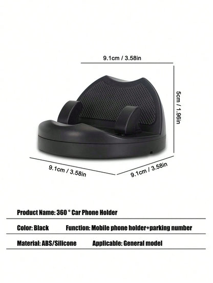 English: 2-In-1 Car Phone Holder With Parking Number, 360° Rotatable Dashboard Adhesive Mount, Extendable Clip For Thick Cases, Universal Navigation Bracket, ABS Silicone Car Accessory