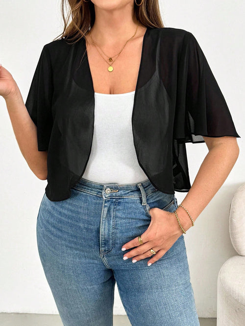 Essnce Plus Size Women's Spring/Summer Fashion Casual Loose Comfortable Breathable Cool Chiffon Black Short Sleeve Cardigan, Sun Protection Jacket, Black Top, Women's Vacation Wear, Outing Top