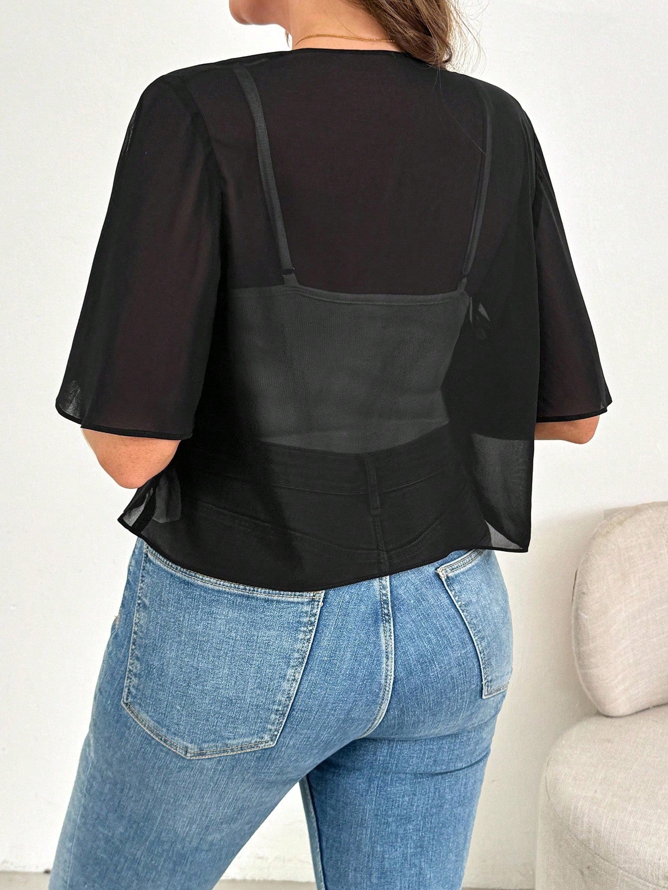 Essnce Plus Size Women's Spring/Summer Fashion Casual Loose Comfortable Breathable Cool Chiffon Black Short Sleeve Cardigan, Sun Protection Jacket, Black Top, Women's Vacation Wear, Outing Top