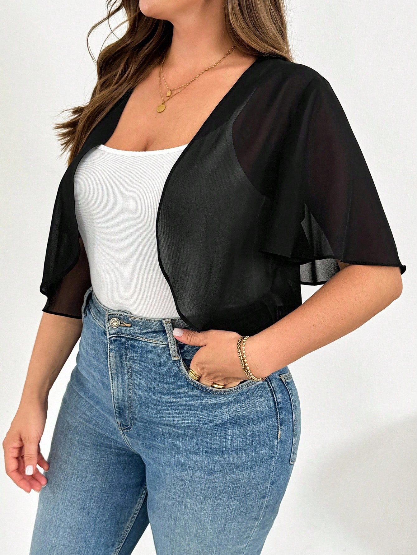 Essnce Plus Size Women's Spring/Summer Fashion Casual Loose Comfortable Breathable Cool Chiffon Black Short Sleeve Cardigan, Sun Protection Jacket, Black Top, Women's Vacation Wear, Outing Top