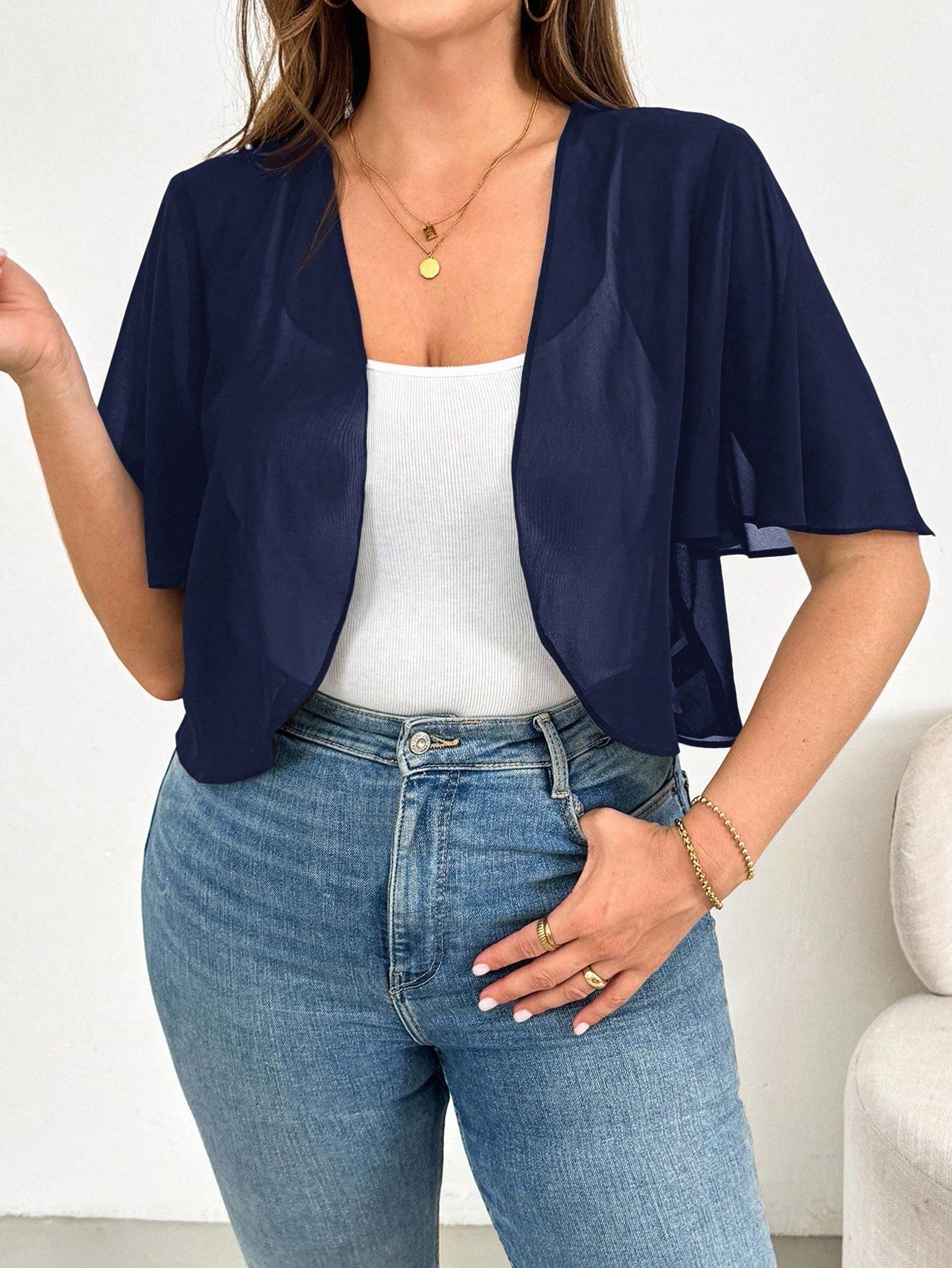 Essnce Plus Size Women's Spring/Summer Fashion Casual Loose Comfortable Breathable Cool Chiffon Black Short Sleeve Cardigan, Sun Protection Jacket, Black Top, Women's Vacation Wear, Outing Top