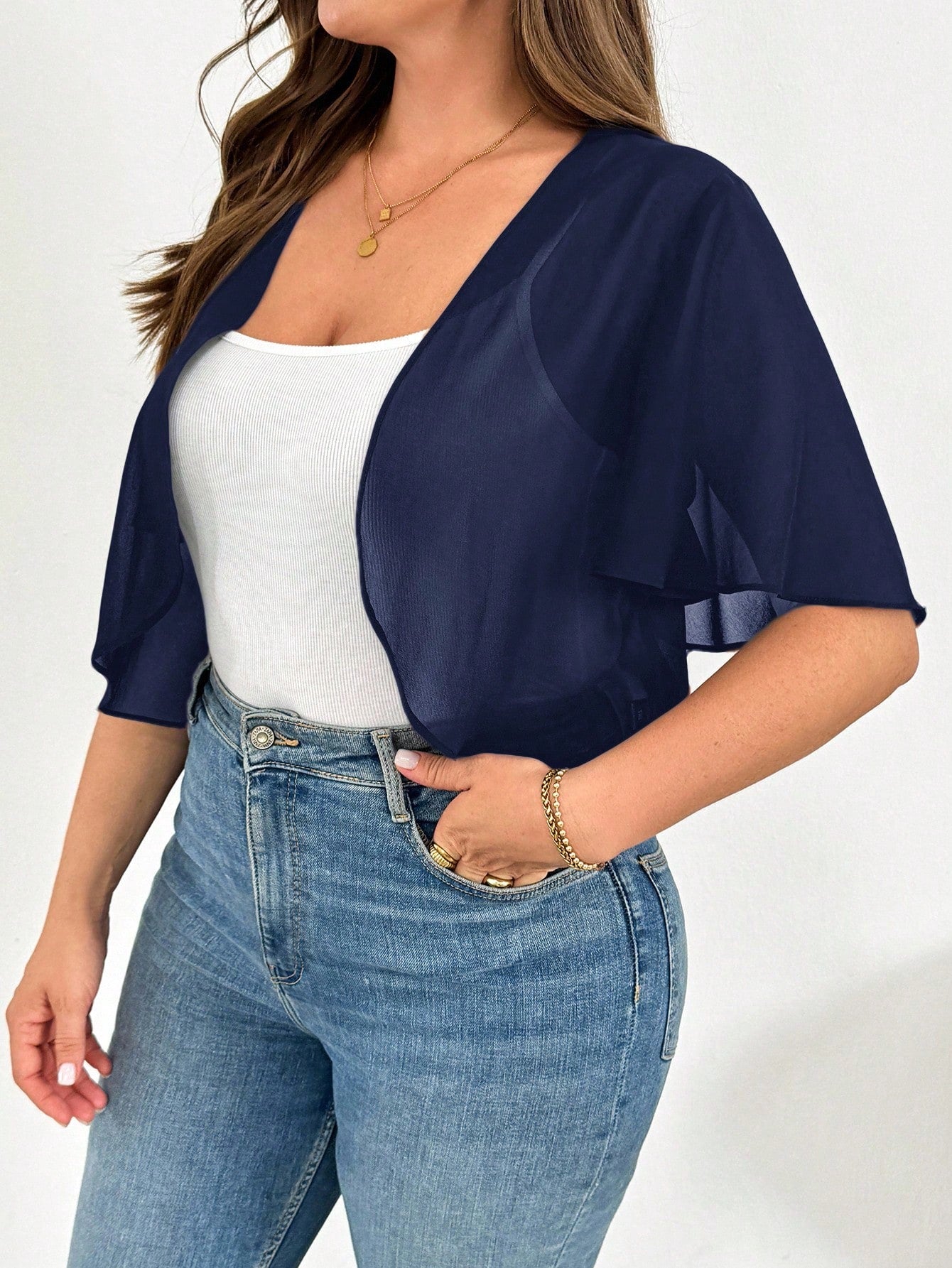 Essnce Plus Size Women's Spring/Summer Fashion Casual Loose Comfortable Breathable Cool Chiffon Black Short Sleeve Cardigan, Sun Protection Jacket, Black Top, Women's Vacation Wear, Outing Top