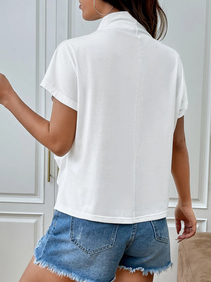 Essnce Women's Casual Minimalist White Turtleneck Batwing Sleeve Knit T-Shirt, Summer
