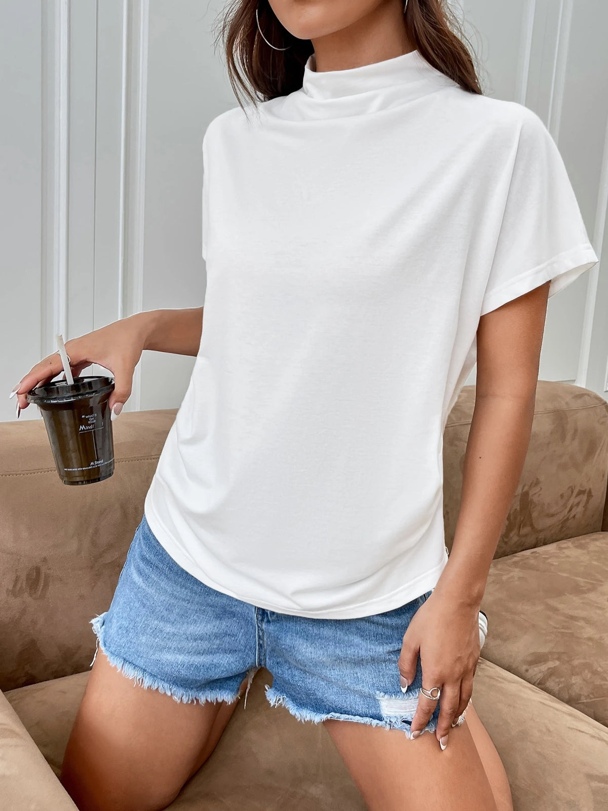 Essnce Women's Casual Minimalist White Turtleneck Batwing Sleeve Knit T-Shirt, Summer