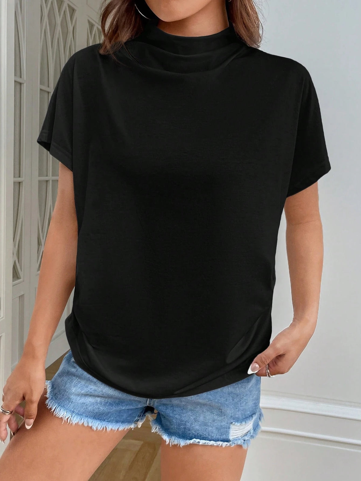 Essnce Women's Casual Minimalist White Turtleneck Batwing Sleeve Knit T-Shirt, Summer