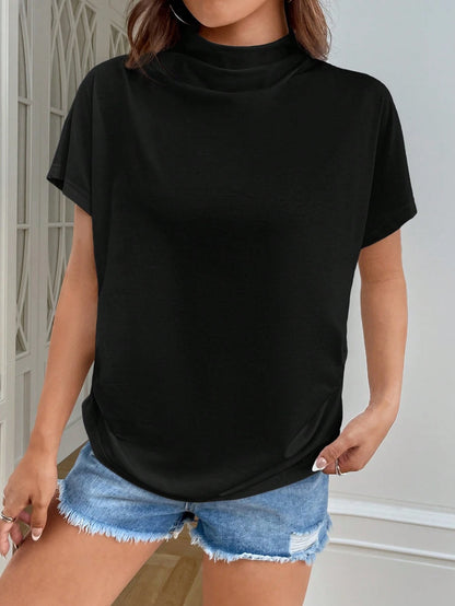 Essnce Women's Casual Minimalist White Turtleneck Batwing Sleeve Knit T-Shirt, Summer