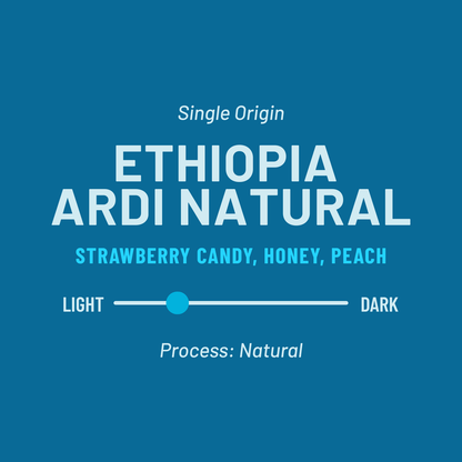 Single Origin Ethiopia Ardi Natural infographic card on a blue background detailing the product