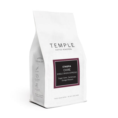 Temple Coffee Roasters Ethiopia Chire Natural Single Origin Espresso bag with a dark framed label