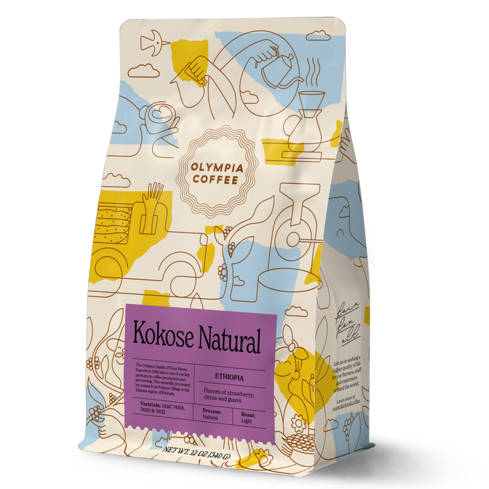 Kokose Natural Ethiopia coffee bag with colorful illustrated pattern and purple label