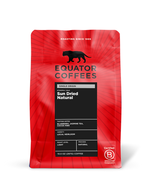 Equator Coffees red single origin bag Ethiopia Guji Sun Dried Natural with black tasting notes panel.