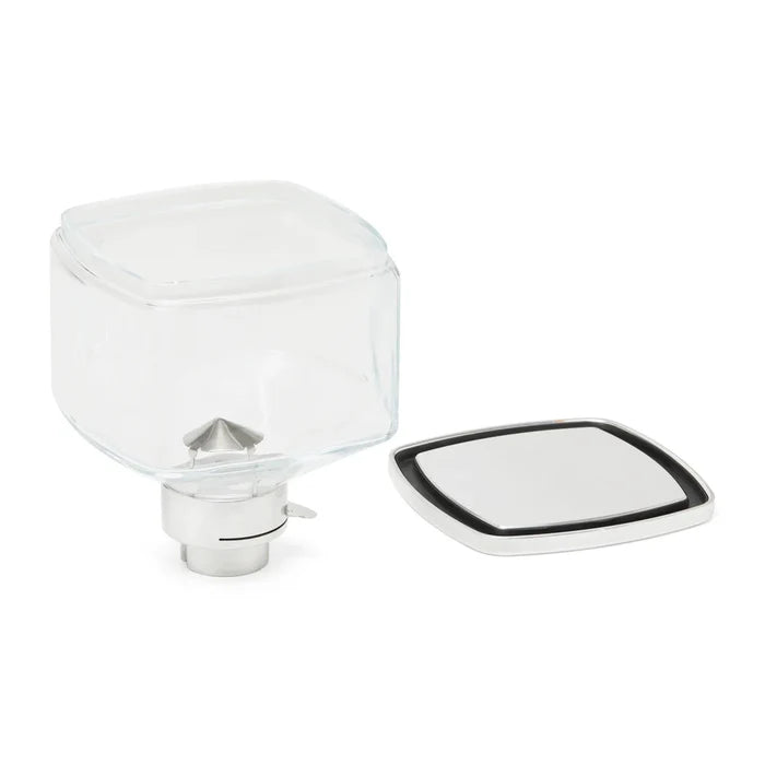 Eureka Mignon glass bean hopper with lid removed and placed next to it.