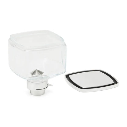 Eureka Mignon glass bean hopper with lid removed and placed next to it.