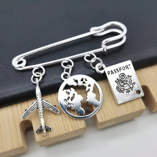 European And American Fashion Men's Travel Brooch Set, Passport, Airplane, Globe 3 PiecesPendant, Stewardess Gift, Handmade Brooch Unique Fashion Pin