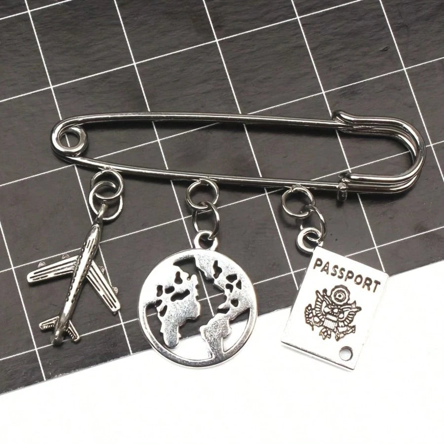 European And American Fashion Men's Travel Brooch Set, Passport, Airplane, Globe 3 PiecesPendant, Stewardess Gift, Handmade Brooch Unique Fashion Pin