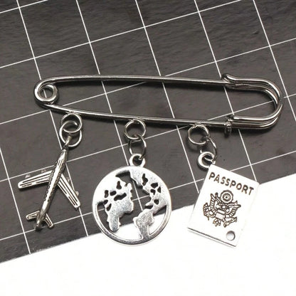 European And American Fashion Men's Travel Brooch Set, Passport, Airplane, Globe 3 PiecesPendant, Stewardess Gift, Handmade Brooch Unique Fashion Pin