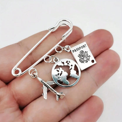 European And American Fashion Men's Travel Brooch Set, Passport, Airplane, Globe 3 PiecesPendant, Stewardess Gift, Handmade Brooch Unique Fashion Pin