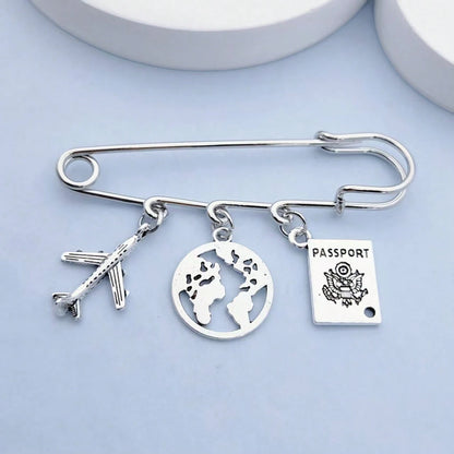 European And American Fashion Men's Travel Brooch Set, Passport, Airplane, Globe 3 PiecesPendant, Stewardess Gift, Handmade Brooch Unique Fashion Pin