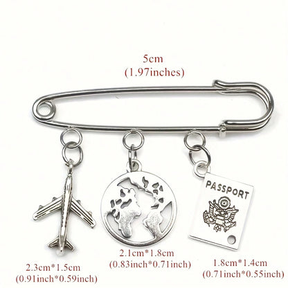 European And American Fashion Men's Travel Brooch Set, Passport, Airplane, Globe 3 PiecesPendant, Stewardess Gift, Handmade Brooch Unique Fashion Pin