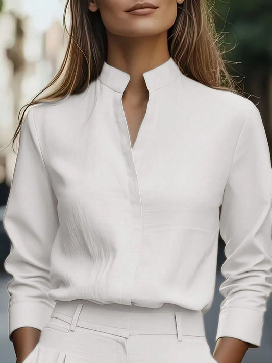 European And American Fashion Minimalist Solid Color Commuter Shirt, Satin Collar Design, Long Sleeve Slim Fit Elegant Blouse Spring White