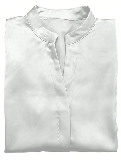 European And American Fashion Minimalist Solid Color Commuter Shirt, Satin Collar Design, Long Sleeve Slim Fit Elegant Blouse Spring White