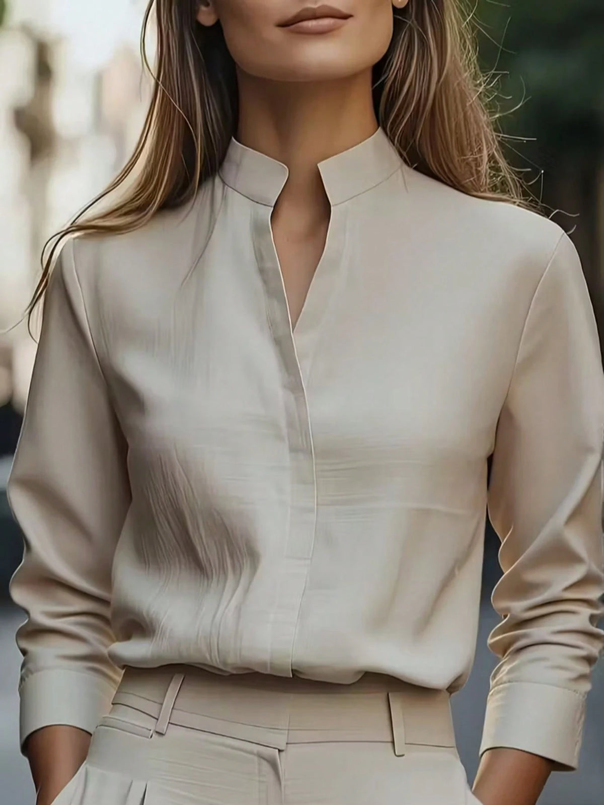 European And American Fashion Minimalist Solid Color Commuter Shirt, Satin Collar Design, Long Sleeve Slim Fit Elegant Blouse Spring White