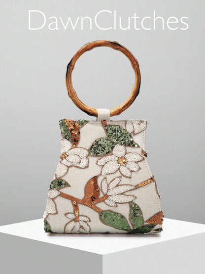 European And American Women's Elegant Shiny Multicolor Leaf & Floral Patchwork Handbag, Fashionable Vintage Classical Round Handle Design Evening Bag, Mini Square Handbag, Suitable For Party Girls, Br