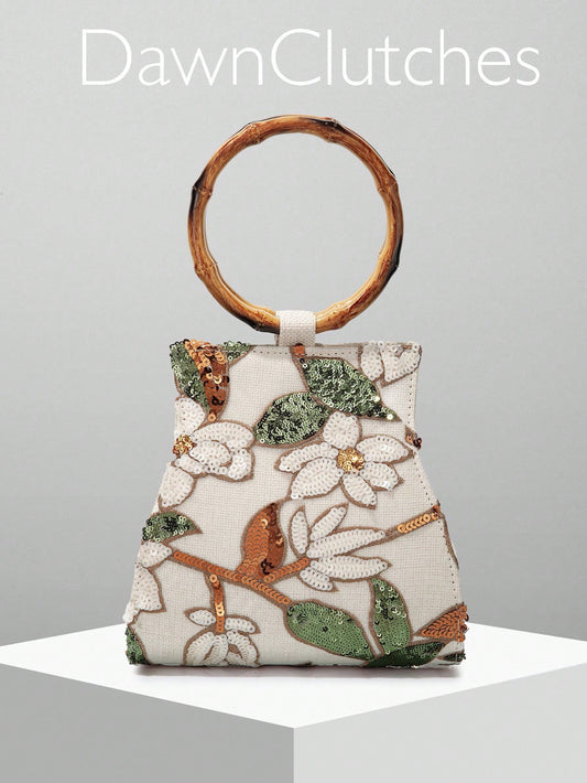 European And American Women's Elegant Shiny Multicolor Leaf & Floral Patchwork Handbag, Fashionable Vintage Classical Round Handle Design Evening Bag, Mini Square Handbag, Suitable For Party Girls, Br