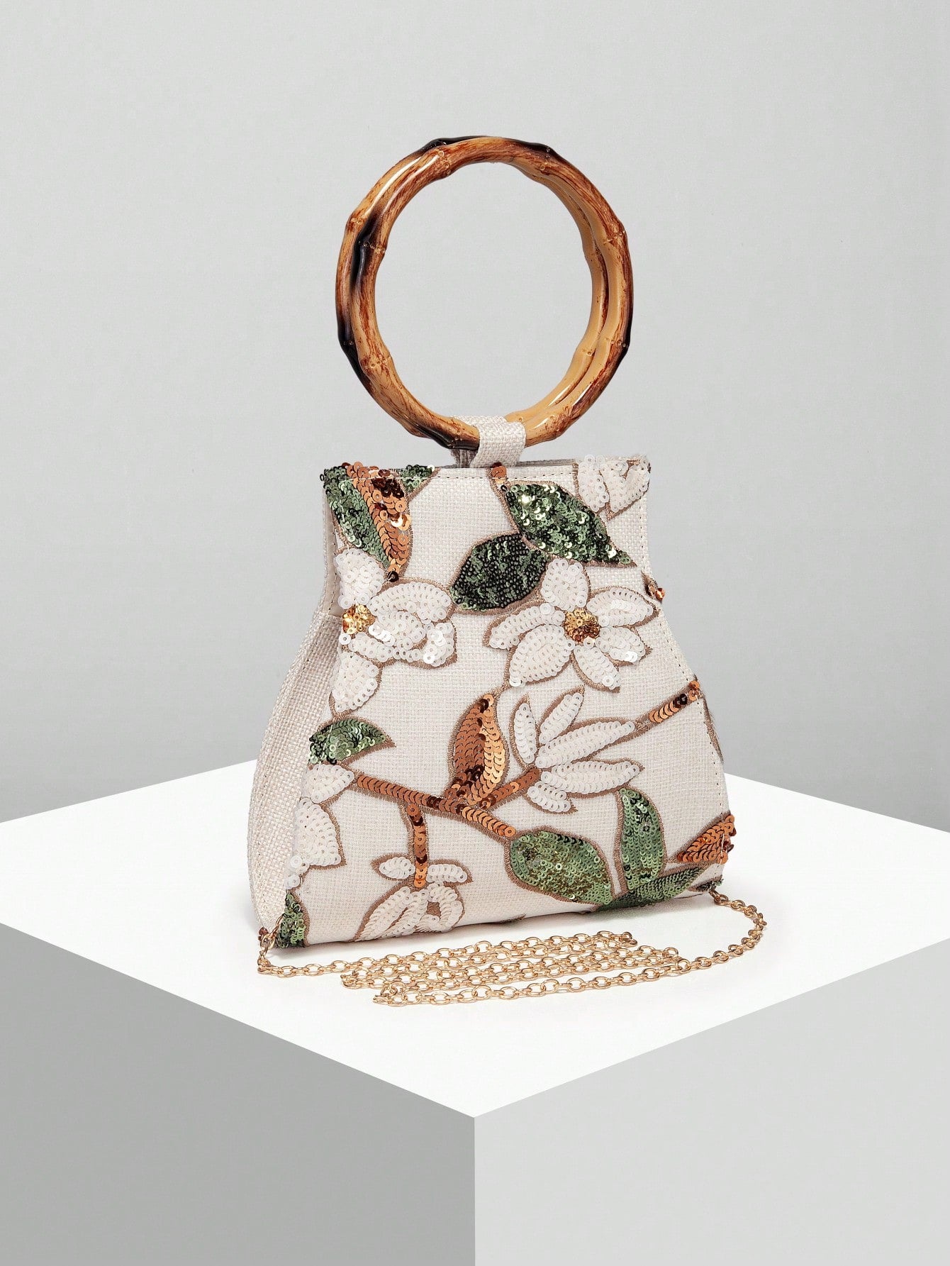 European And American Women's Elegant Shiny Multicolor Leaf & Floral Patchwork Handbag, Fashionable Vintage Classical Round Handle Design Evening Bag, Mini Square Handbag, Suitable For Party Girls, Br