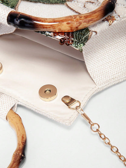 European And American Women's Elegant Shiny Multicolor Leaf & Floral Patchwork Handbag, Fashionable Vintage Classical Round Handle Design Evening Bag, Mini Square Handbag, Suitable For Party Girls, Br