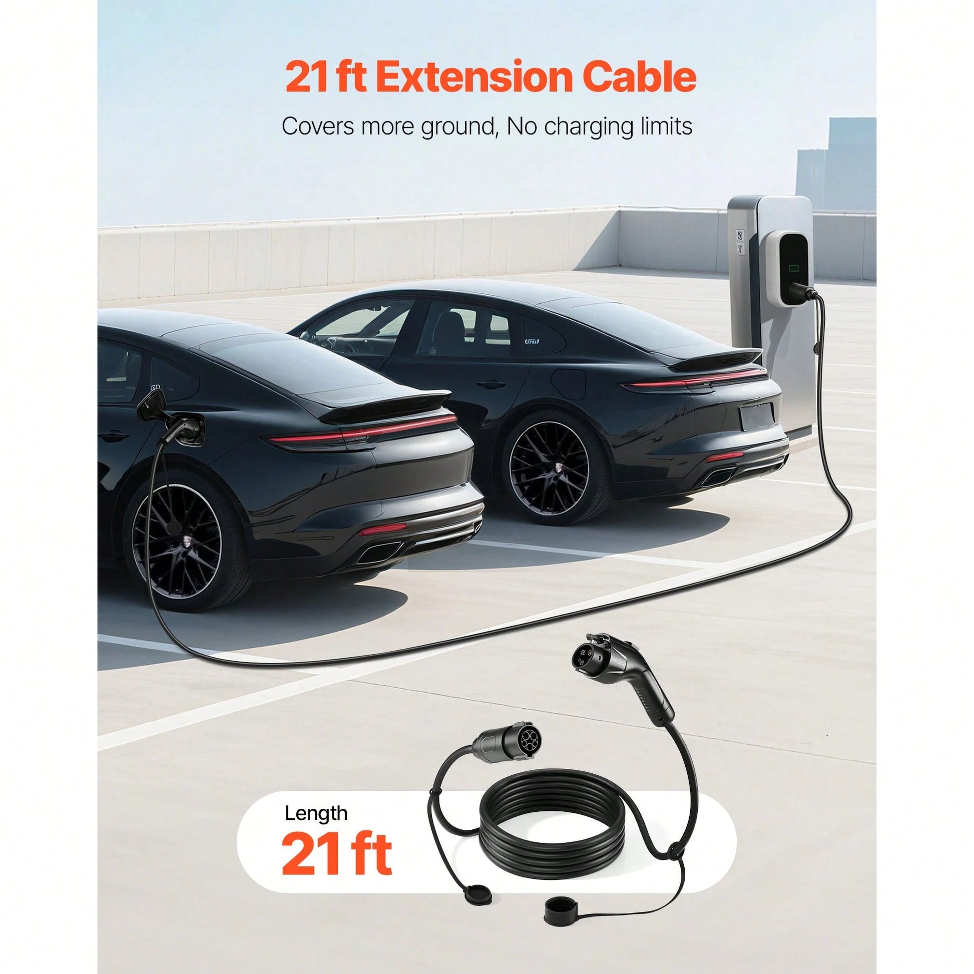EV Charger Extension Cable, 48Amp 21 Ft J1772 Extension Cord Compatible With 120V-240V SAE J1772 Electric Vehicle Chargers, Level 1/Level 2 IP66 Heavy Duty Car Charging Cable With Carrying Bag