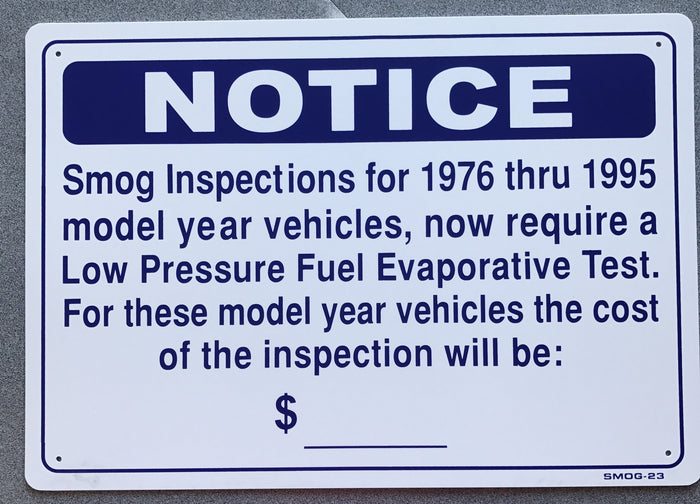 EVAP TEST PRICE SIGN, COST ONLY, SMOG-23