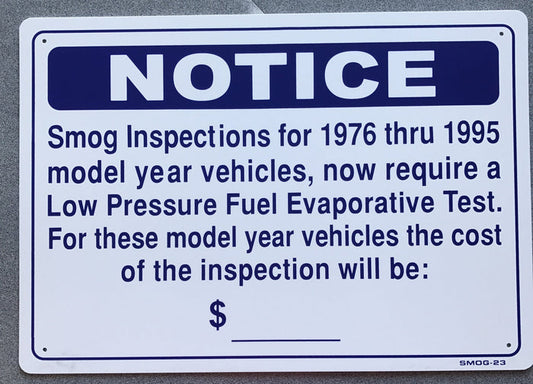 EVAP TEST PRICE SIGN, COST ONLY, SMOG-23