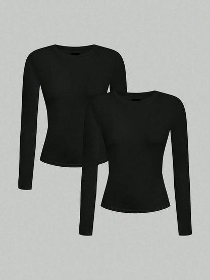 EZwear 2pcs Casual Tight Fit Crew Neck Long Sleeve T-Shirt Set, Suitable For Autumn/Winter,Fall Clothes Women, Summer Outfits, Beach Holiday