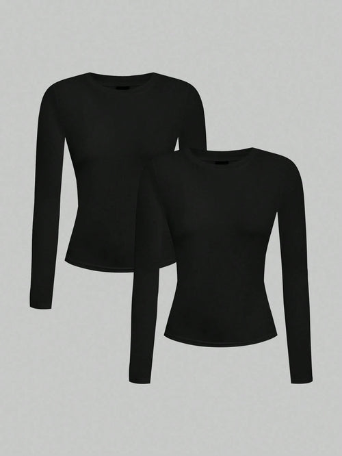 EZwear 2pcs Casual Tight Fit Crew Neck Long Sleeve T-Shirt Set, Suitable For Autumn/Winter,Fall Clothes Women, Summer Outfits, Beach Holiday