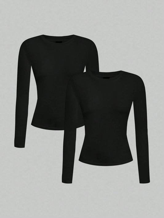EZwear 2pcs Casual Tight Fit Crew Neck Long Sleeve T-Shirt Set, Suitable For Autumn/Winter,Fall Clothes Women, Summer Outfits, Beach Holiday