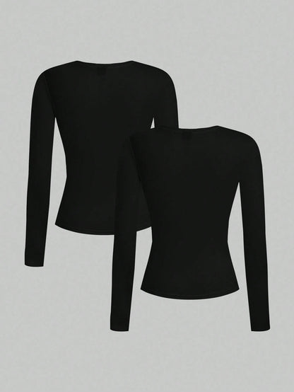 EZwear 2pcs Casual Tight Fit Crew Neck Long Sleeve T-Shirt Set, Suitable For Autumn/Winter,Fall Clothes Women, Summer Outfits, Beach Holiday
