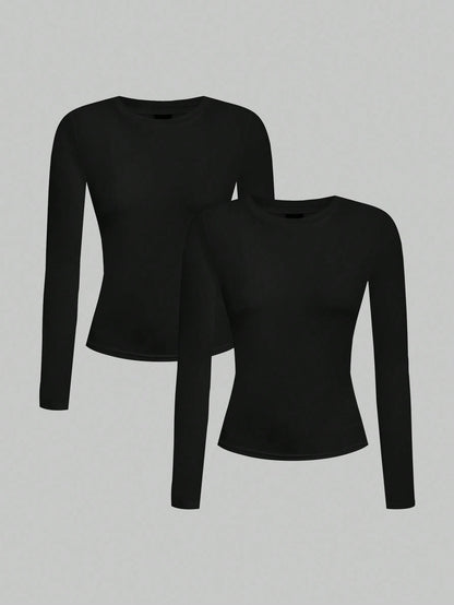 EZwear 2pcs Casual Tight Fit Crew Neck Long Sleeve T-Shirt Set, Suitable For Autumn/Winter,Fall Clothes Women, Summer Outfits, Beach Holiday