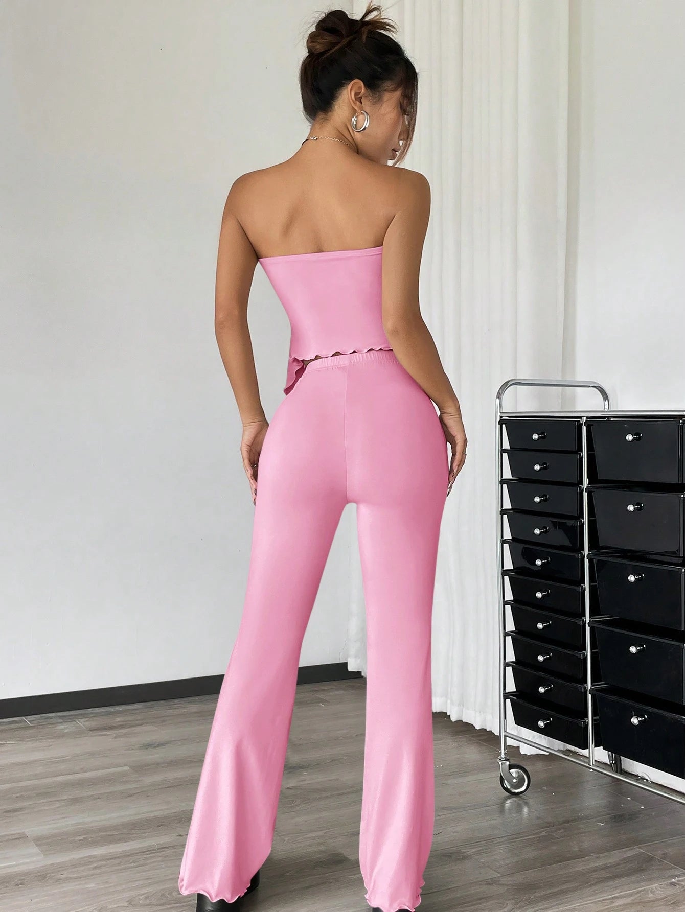 EZwear 2pcs Set: Ruched Bandeau Top With Asymmetrical Hem And Flared Pants