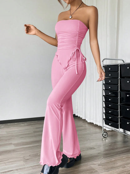 EZwear 2pcs Set: Ruched Bandeau Top With Asymmetrical Hem And Flared Pants