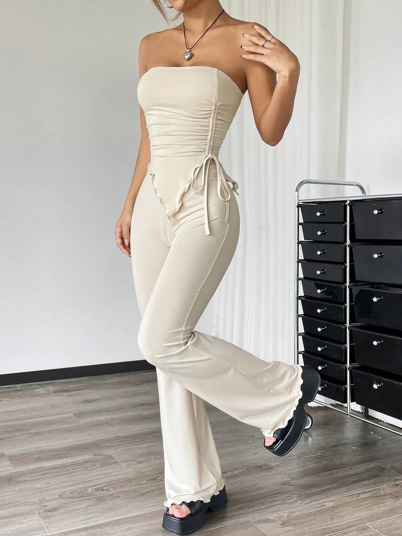 EZwear 2pcs Set: Ruched Bandeau Top With Asymmetrical Hem And Flared Pants