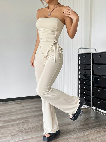 EZwear 2pcs Set: Ruched Bandeau Top With Asymmetrical Hem And Flared Pants