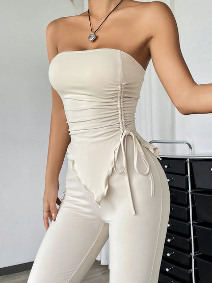 EZwear 2pcs Set: Ruched Bandeau Top With Asymmetrical Hem And Flared Pants