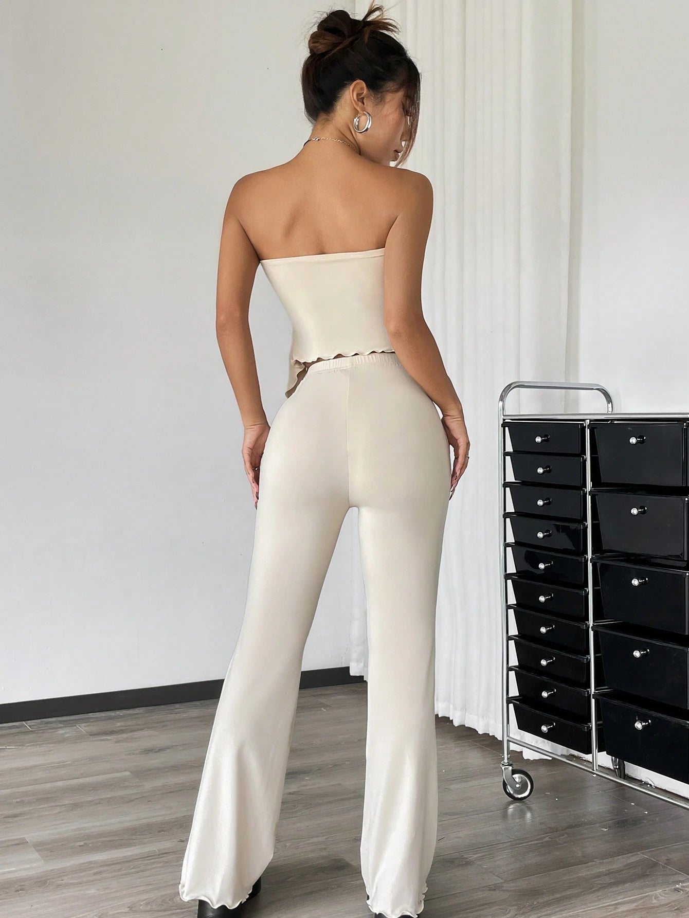 EZwear 2pcs Set: Ruched Bandeau Top With Asymmetrical Hem And Flared Pants