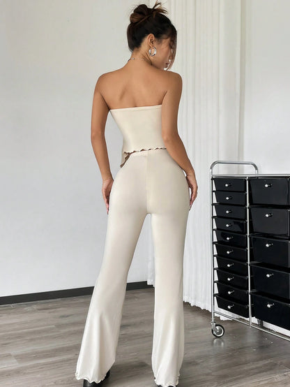 EZwear 2pcs Set: Ruched Bandeau Top With Asymmetrical Hem And Flared Pants