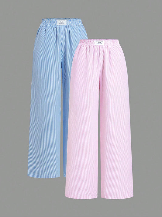 EZwear 2pcs/Set Women Summer Loose Pastel Blue And White Pink Striped Woven Pants Back-To-School Lounge Preppy Casual