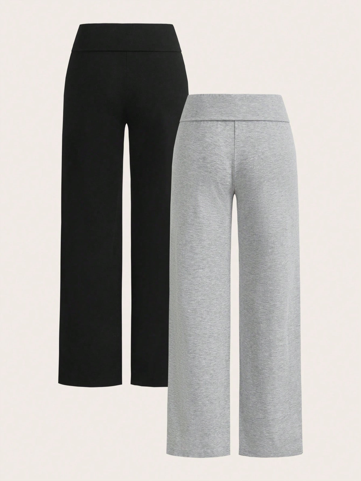 EZwear 2pcs Women Casual High Waisted Cuffed Wide Leg Straight Pants, Suitable For Summer Fall Clothes Winter Clothes Sportswear Black Grey