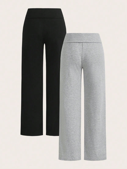 EZwear 2pcs Women Casual High Waisted Cuffed Wide Leg Straight Pants, Suitable For Summer Fall Clothes Winter Clothes Sportswear Black Grey