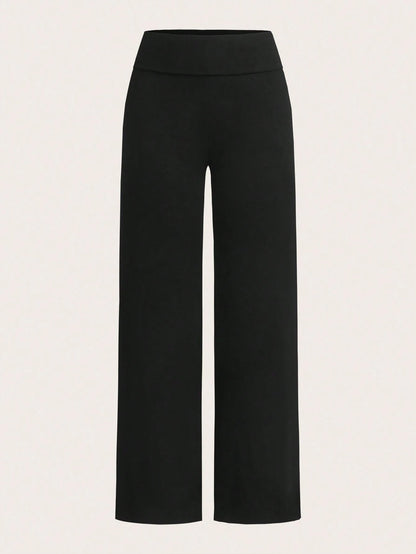 EZwear 2pcs Women Casual High Waisted Cuffed Wide Leg Straight Pants, Suitable For Summer Fall Clothes Winter Clothes Sportswear Black Grey